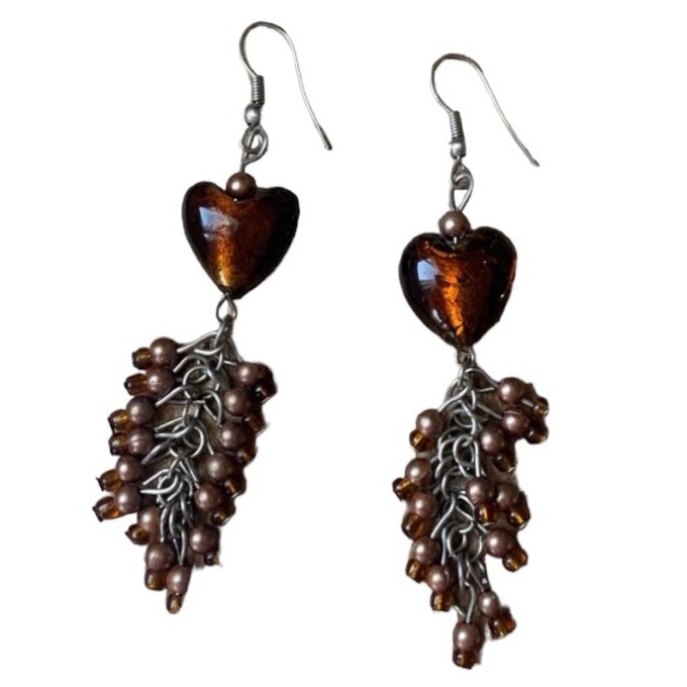 Amber Glass Heart & Glass Bead Cluster Dangle Pierced Earring Woman’s Jewelry